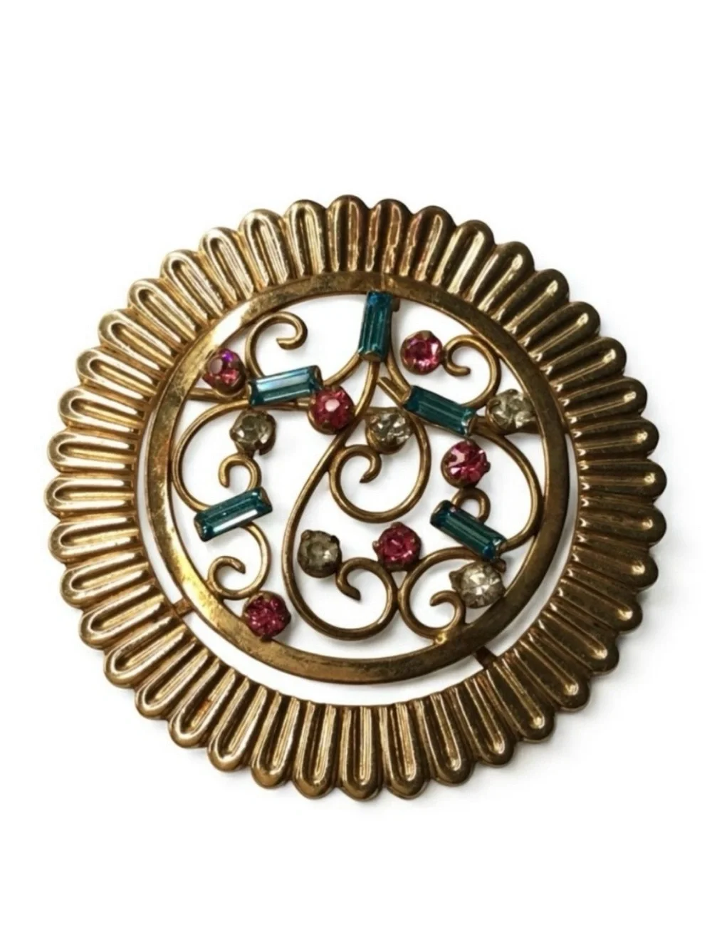 Vintage REGEL 12K GF Filigree Brooch – Multicolor Baguettes & Rhinestones
